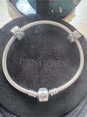 Pandora Silver Snake Chain Bracelet with Filigree Clip Charm separators